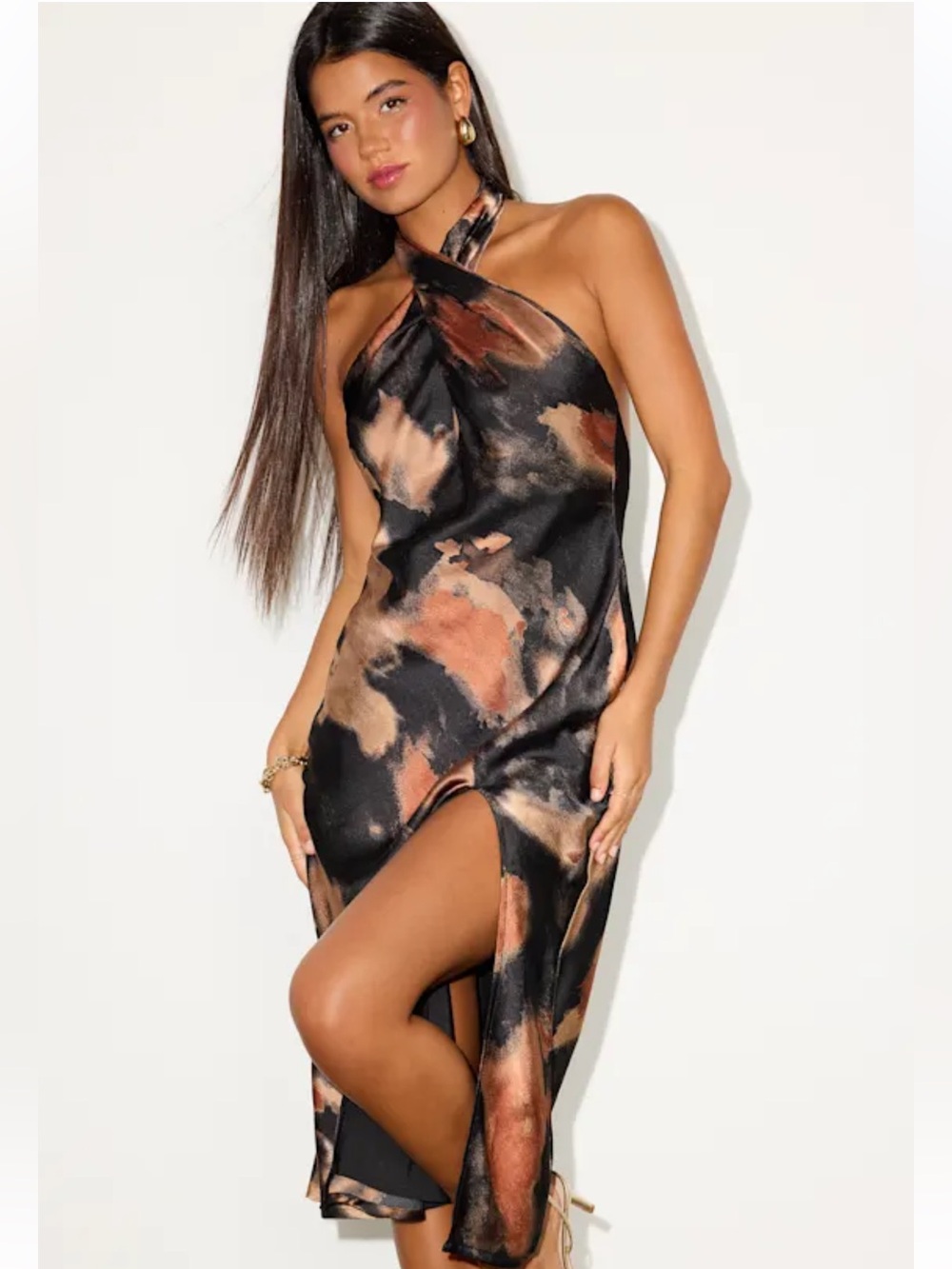Lulus Beyond Classy Black Multi Abstract Print Satin Halter Midi Dress - Size M